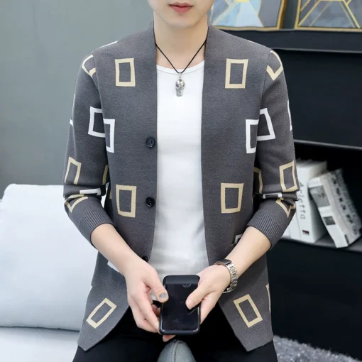 Cardigan tricoté masculin 2024 printemps et automne Nouveau veste de pull décontracté jacquard – Image 2