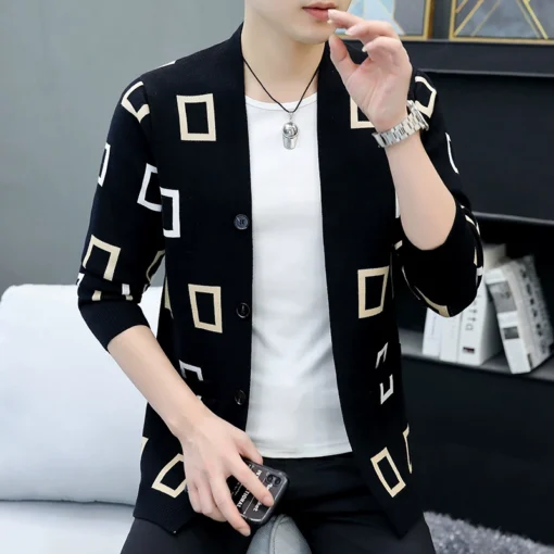 Cardigan tricoté masculin 2024 printemps et automne Nouveau veste de pull décontracté jacquard – Image 3